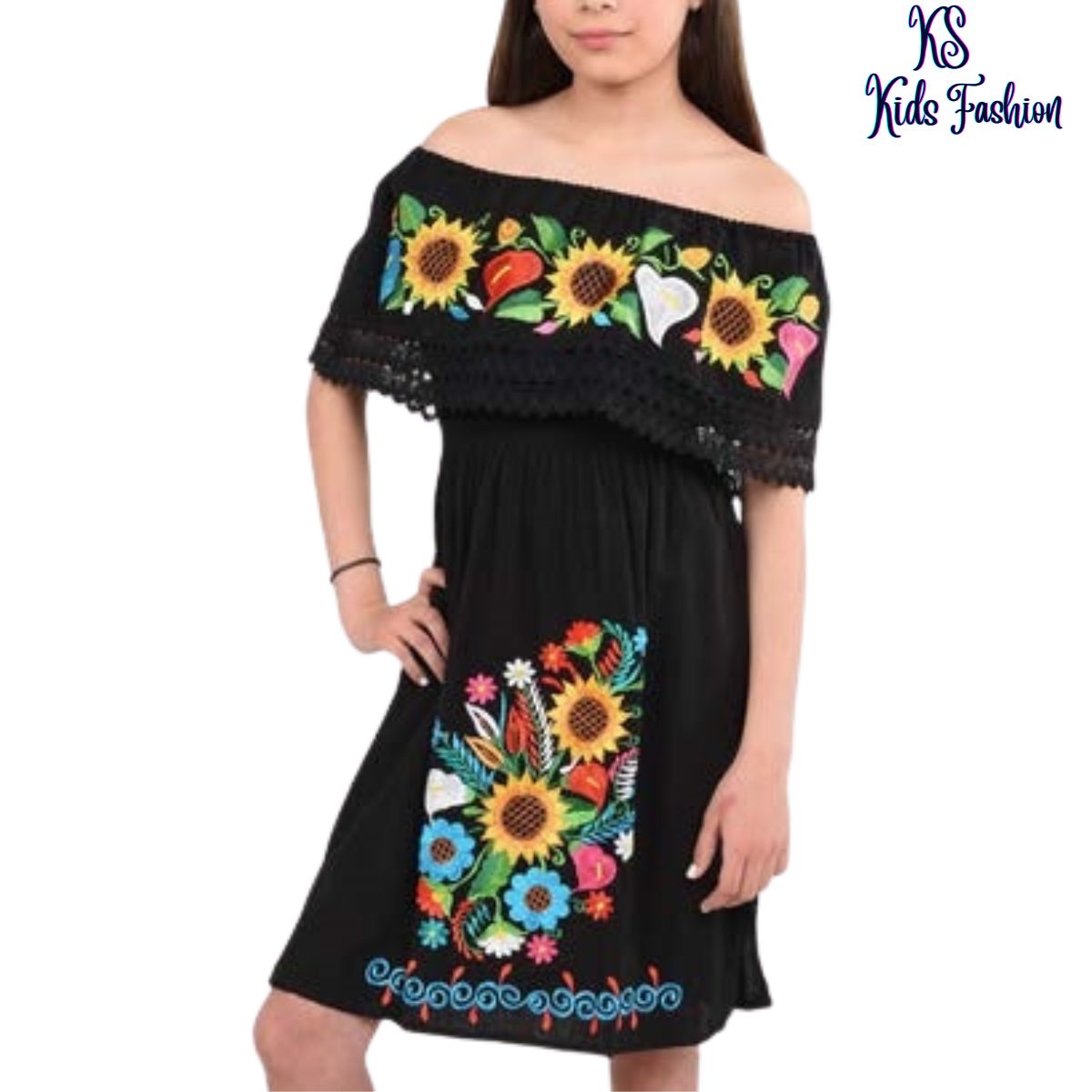 Vestido Bordado de Niña KS-77395 Black - Embroidered Dress for kids