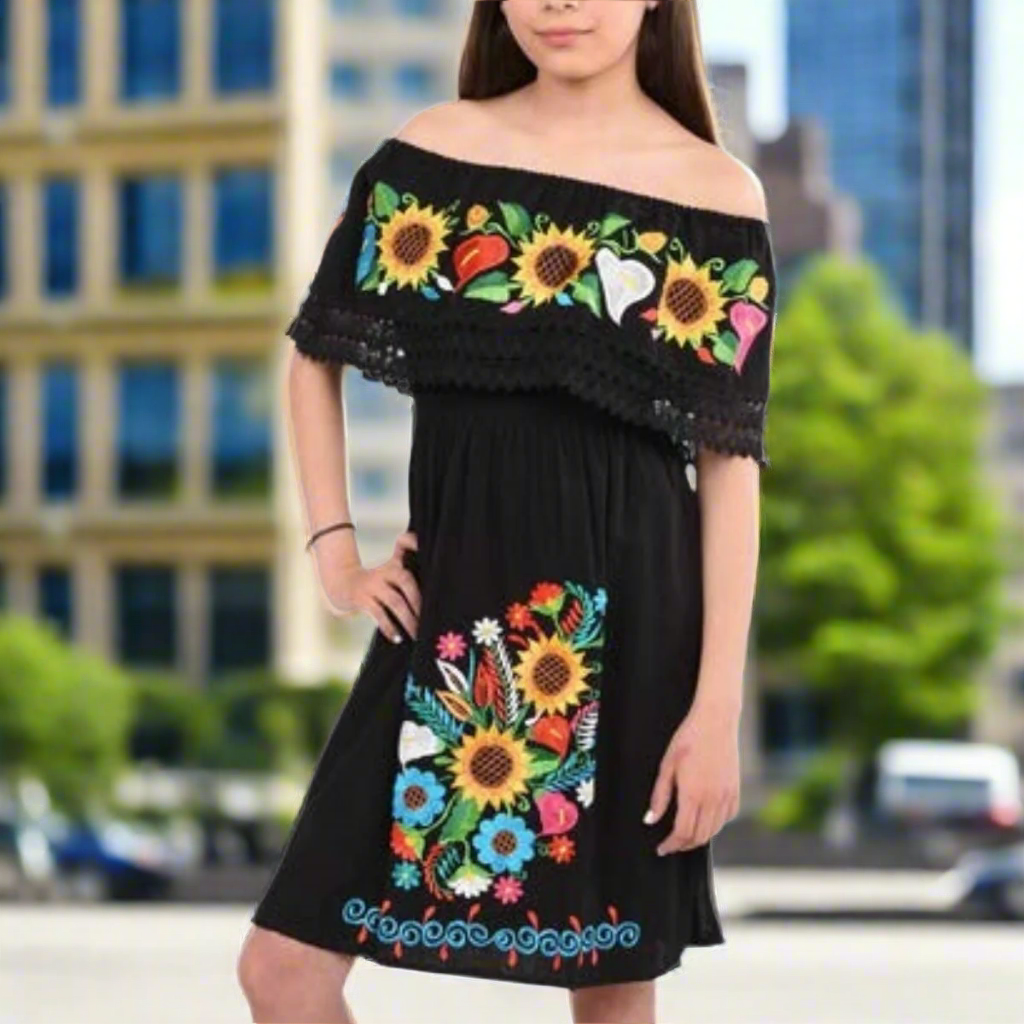 Vestido Bordado de Niña KS-77395 Black - Embroidered Dress for kids