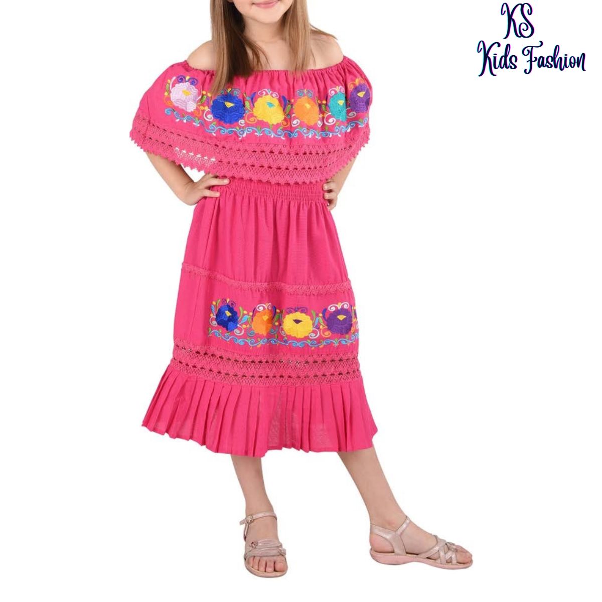 Vestido Bordado de Niña KS-77450 Pink - Embroidered Dress for kids