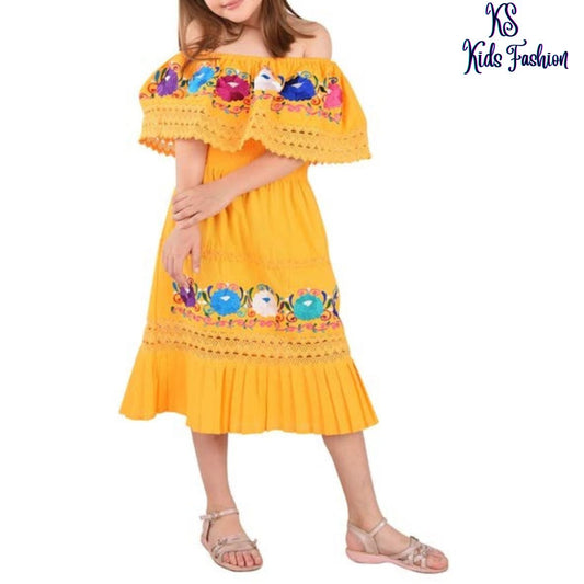 Vestido Bordado de Niña KS-77450 Yellow - Embroidered Dress for kids