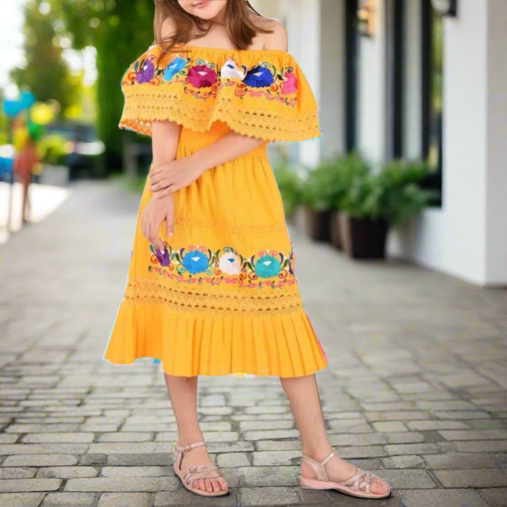 Vestido Bordado de Niña KS-77450 Yellow - Embroidered Dress for kids