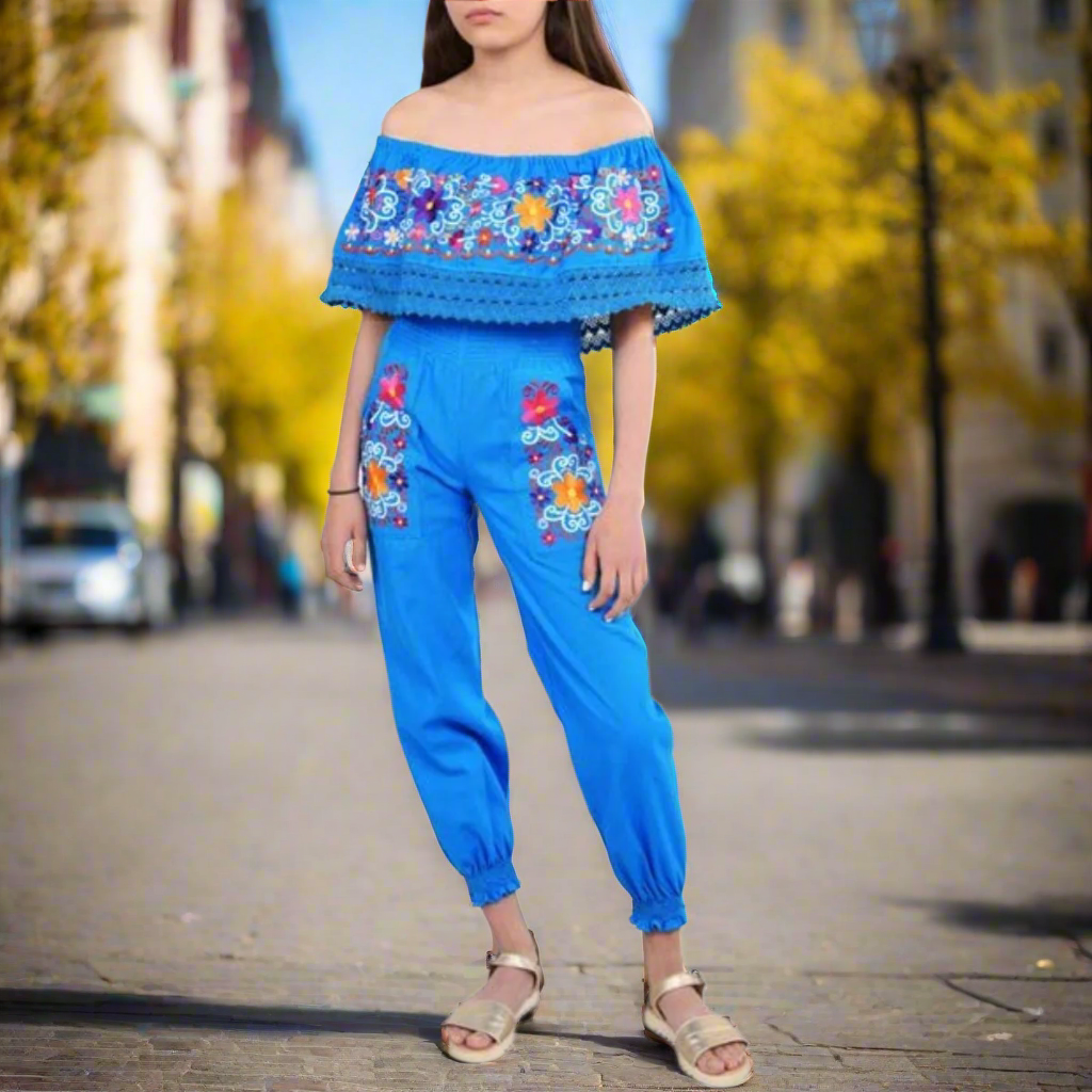 Palazzo Bordado de Niña KS-79420 Blue - Embroidered Palazzo for kids
