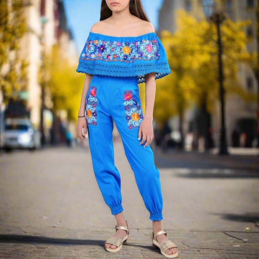 Palazzo Bordado de Niña KS-79420 Blue - Embroidered Palazzo for kids
