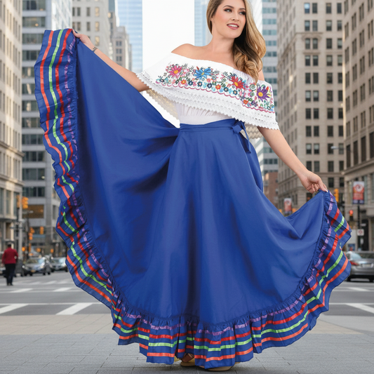 Mexican Dancing Skirt for Women NA-74206 Blue - Falda Doble Vuelo