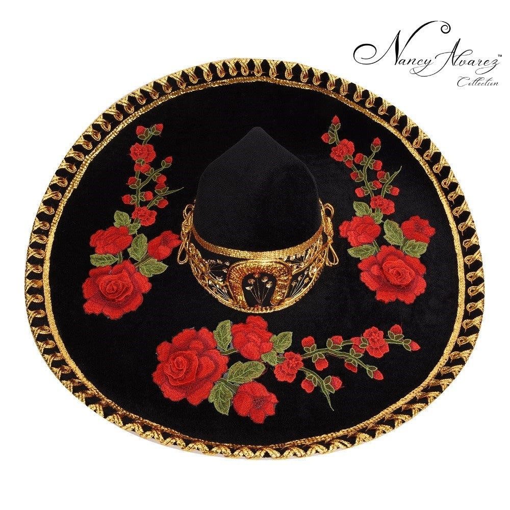 NA-TM-71235 Black-Gold With Flowers Sombrero Charro Nancy Alvarez Collection